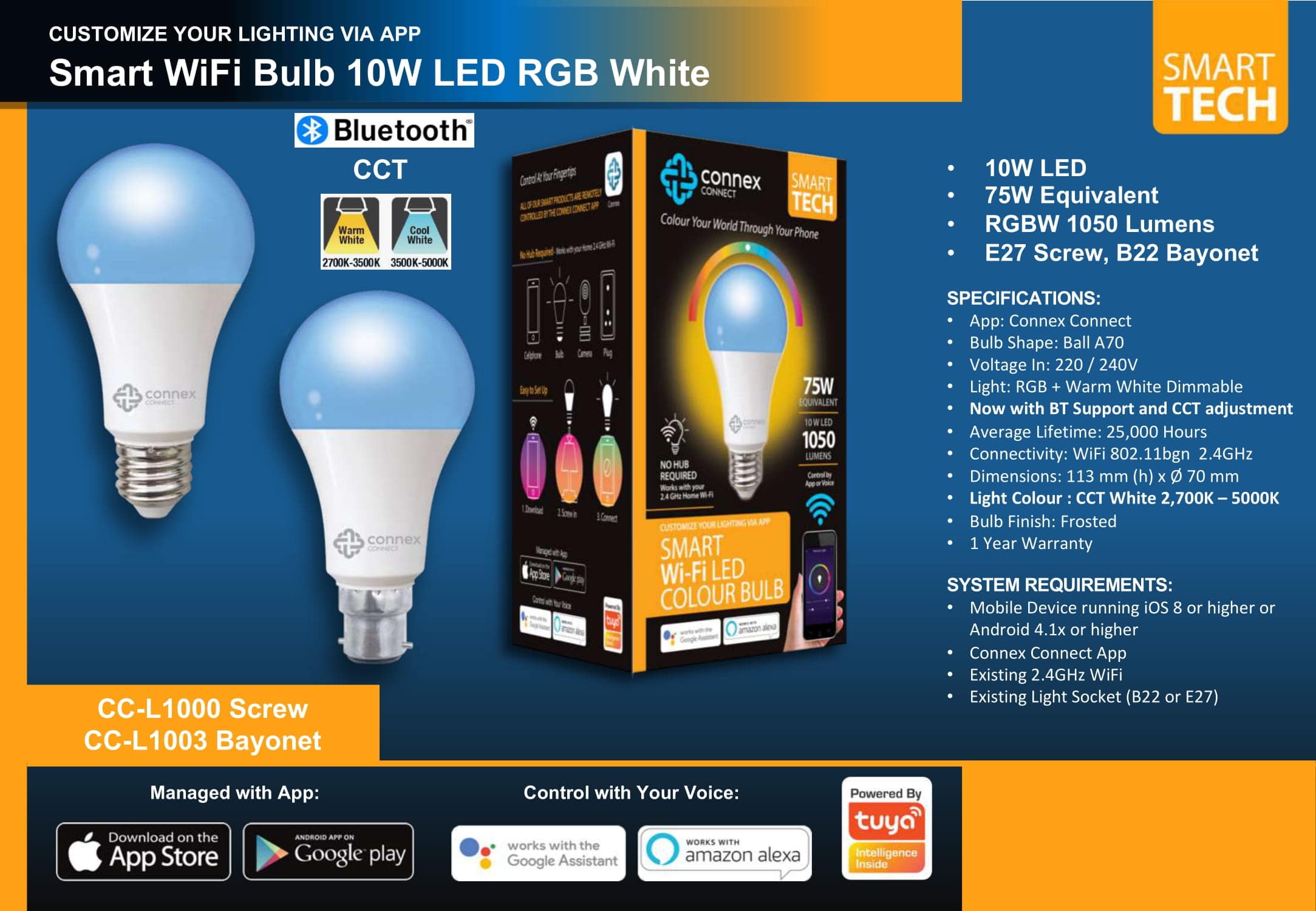 Bulbe LED B22 A60 V-TAC SMART 10W RGB+WW+CW EASY VT-5110